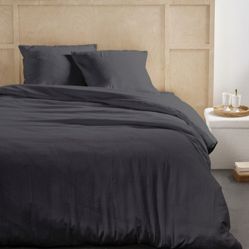 Pack 3 pièces Housse de couette 260 x 240 cm + 2 Taies d'oreiller 65 x 65 cm Gaze de Coton Fusain