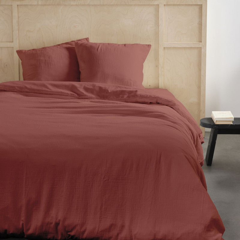 Pack 3 pièces Housse de couette 260 x 240 cm + 2 Taies d'oreiller 65 x 65 cm Gaze de Coton Terracotta