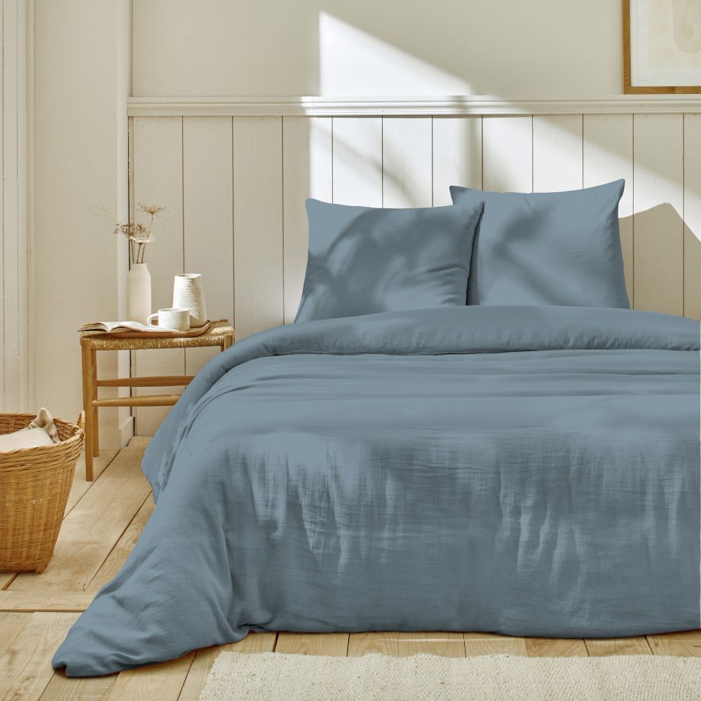 Housse de couette + 2 taies d´oreiller 63X63 Gaze de Coton Bleu