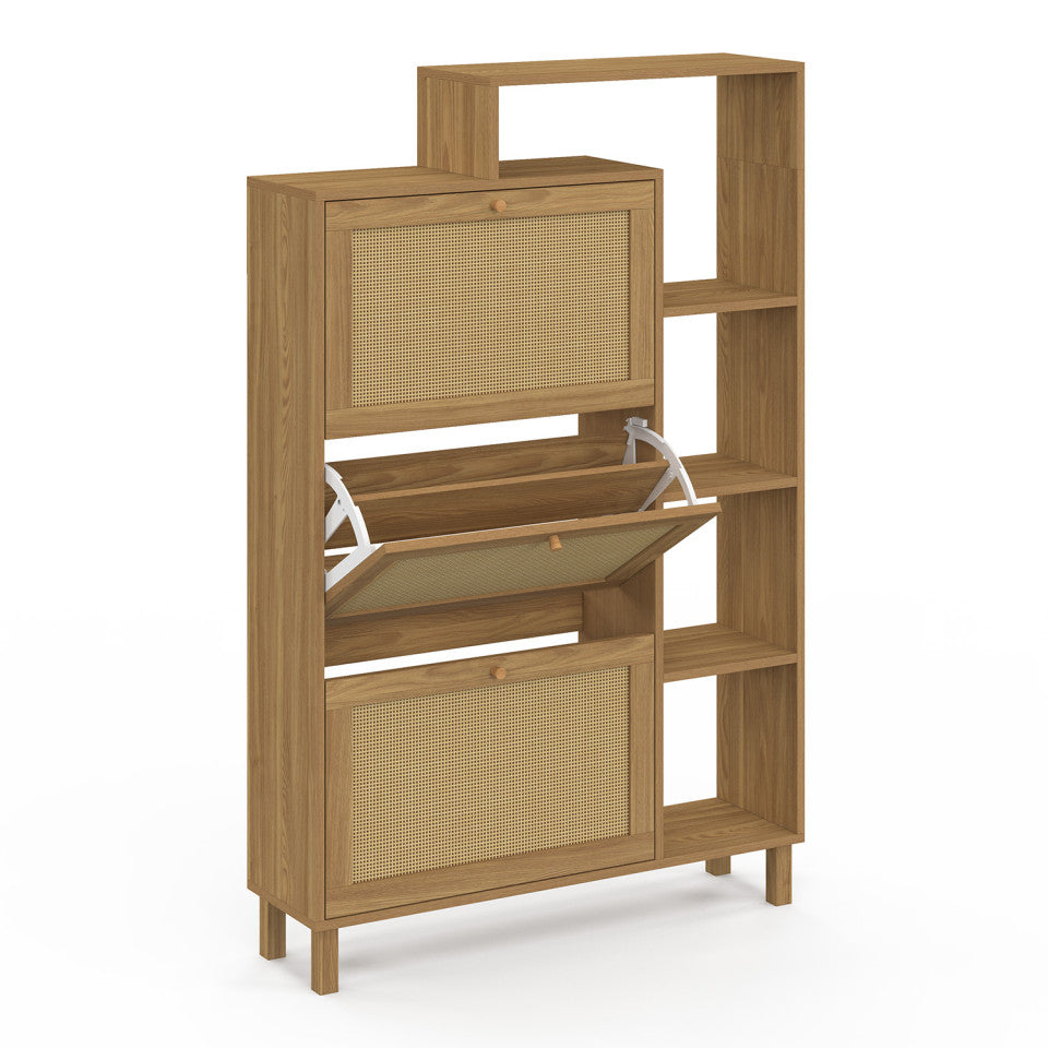 Meuble à chaussures Erin 3 portes en cannage avec étagères - 18 paires