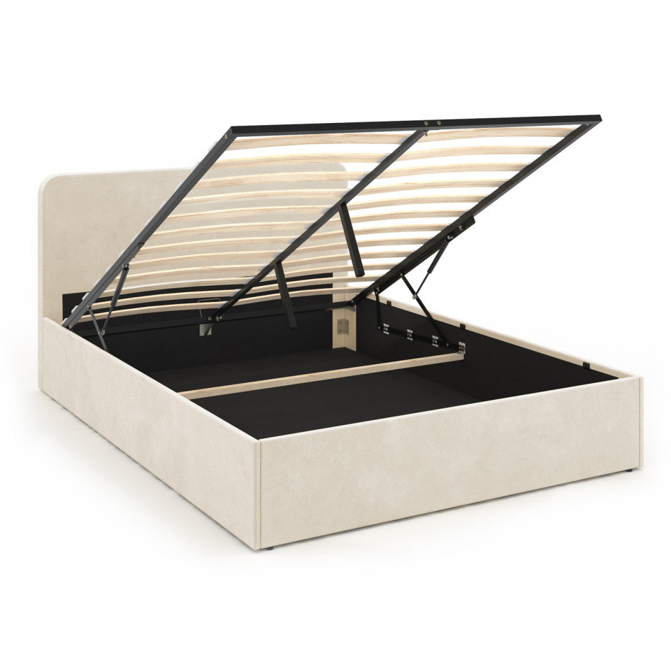 Lit coffre Louise en velours beige avec sommier et tête de lit arrondie 160x200cm