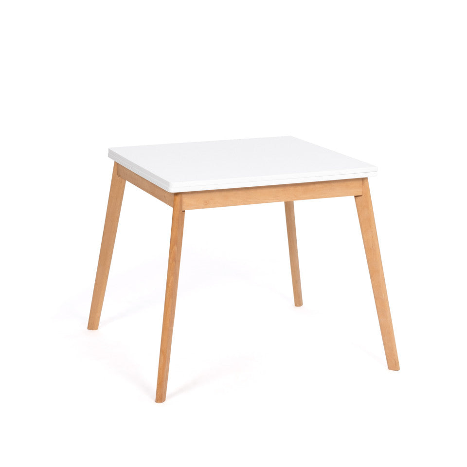 Table repas scandinave pliable 80-160cm plateau blanc et pieds bois