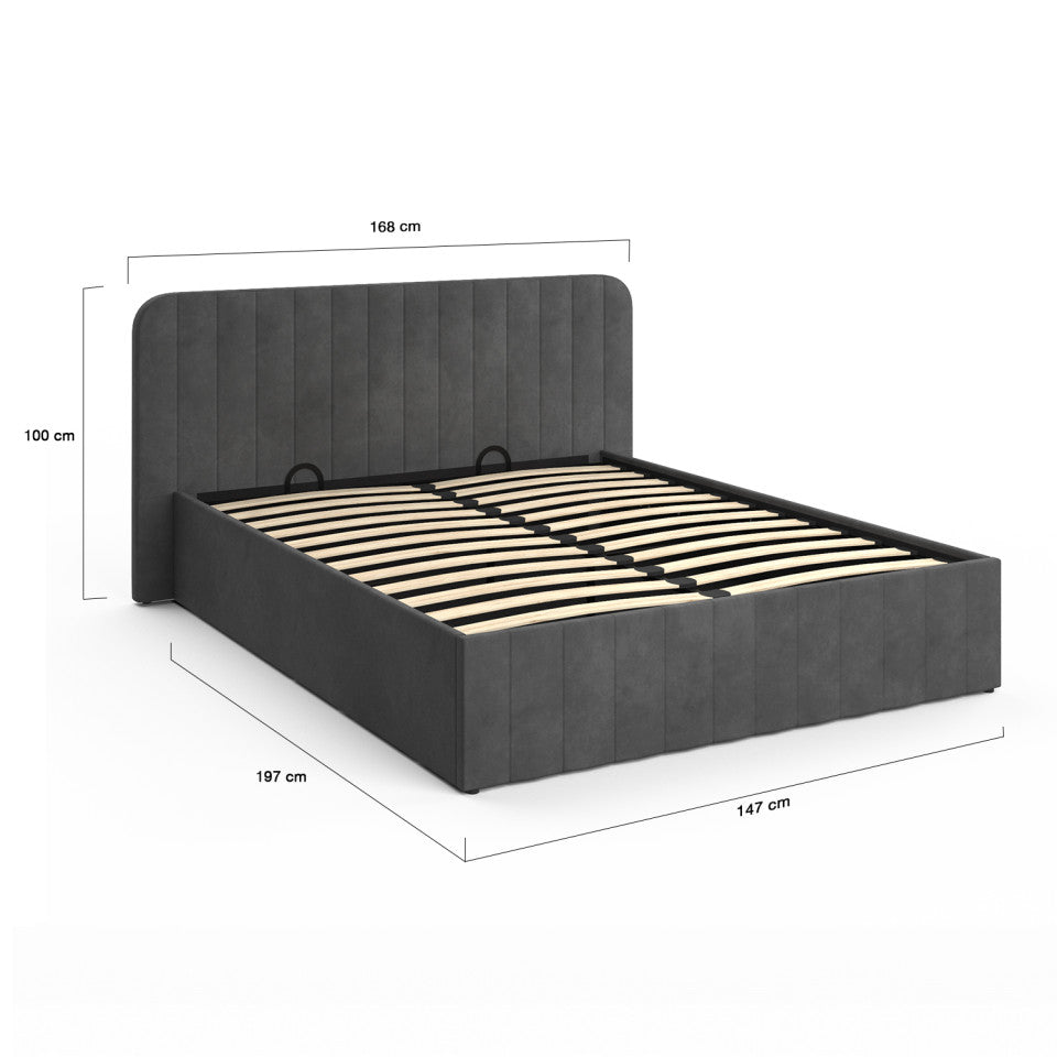 Lit coffre Valentina en velours gris avec sommier et tête de lit 140x190cm