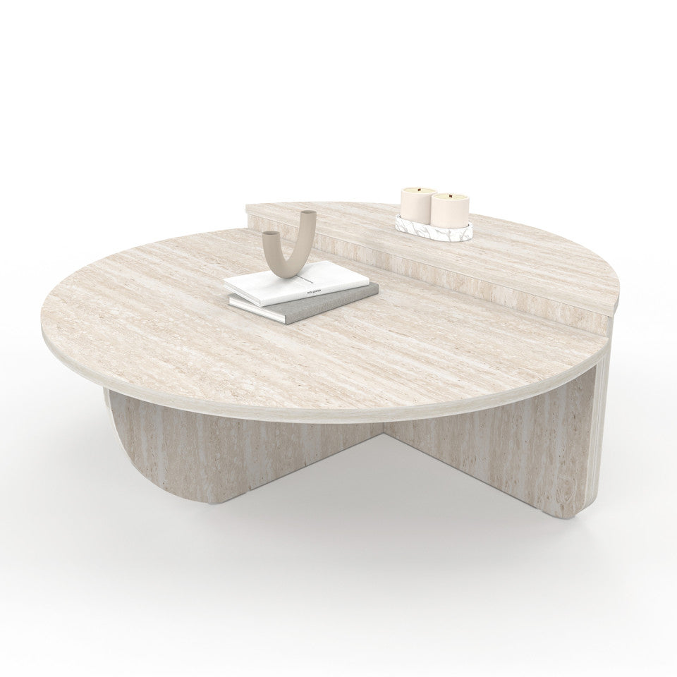 Tables basses rondes asymétriques effet travertin