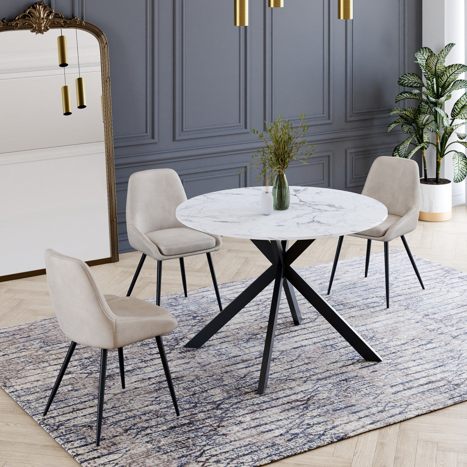 Table à manger ronde extensible Soline effet marbre blanc et noir Ø110-150cm