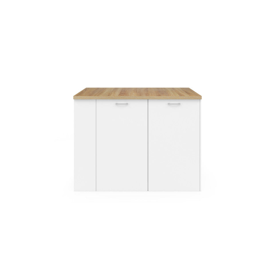 Ilot central de cuisine Dario L120cm bois et blanc avec rangements