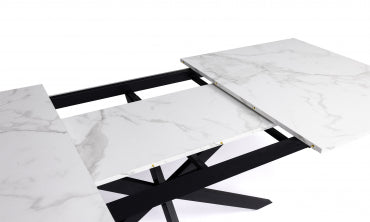 Table repas Glam plateau extensible 160-200cm effet marbre blanc et pieds croisés noirs