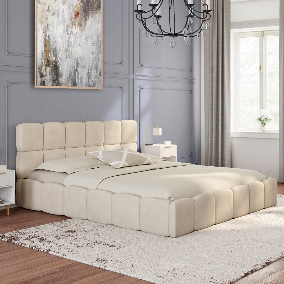Lit coffre Bubble en velours beige avec sommier et tête de lit 160x200cm