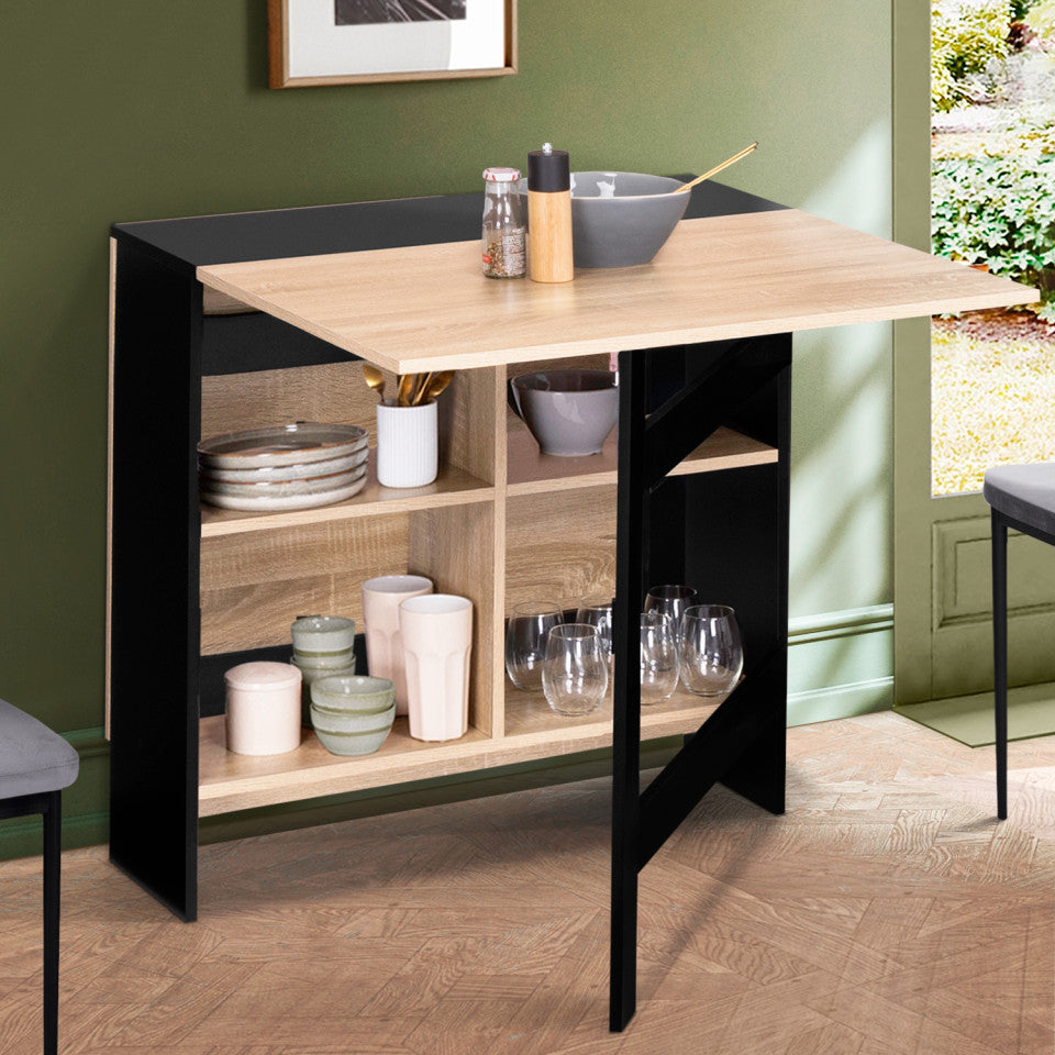 Table repas console pliable Edi plateau naturel et pieds noirs avec rangements