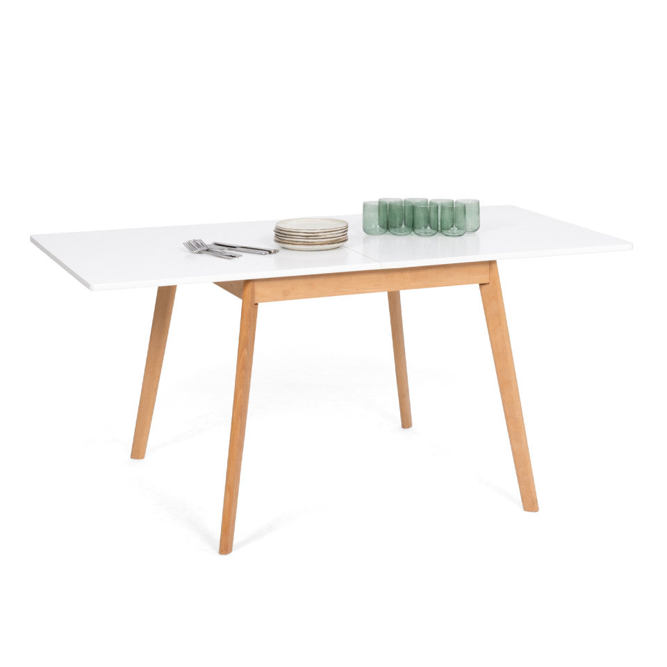 Table repas scandinave pliable 80-160cm plateau blanc et pieds bois