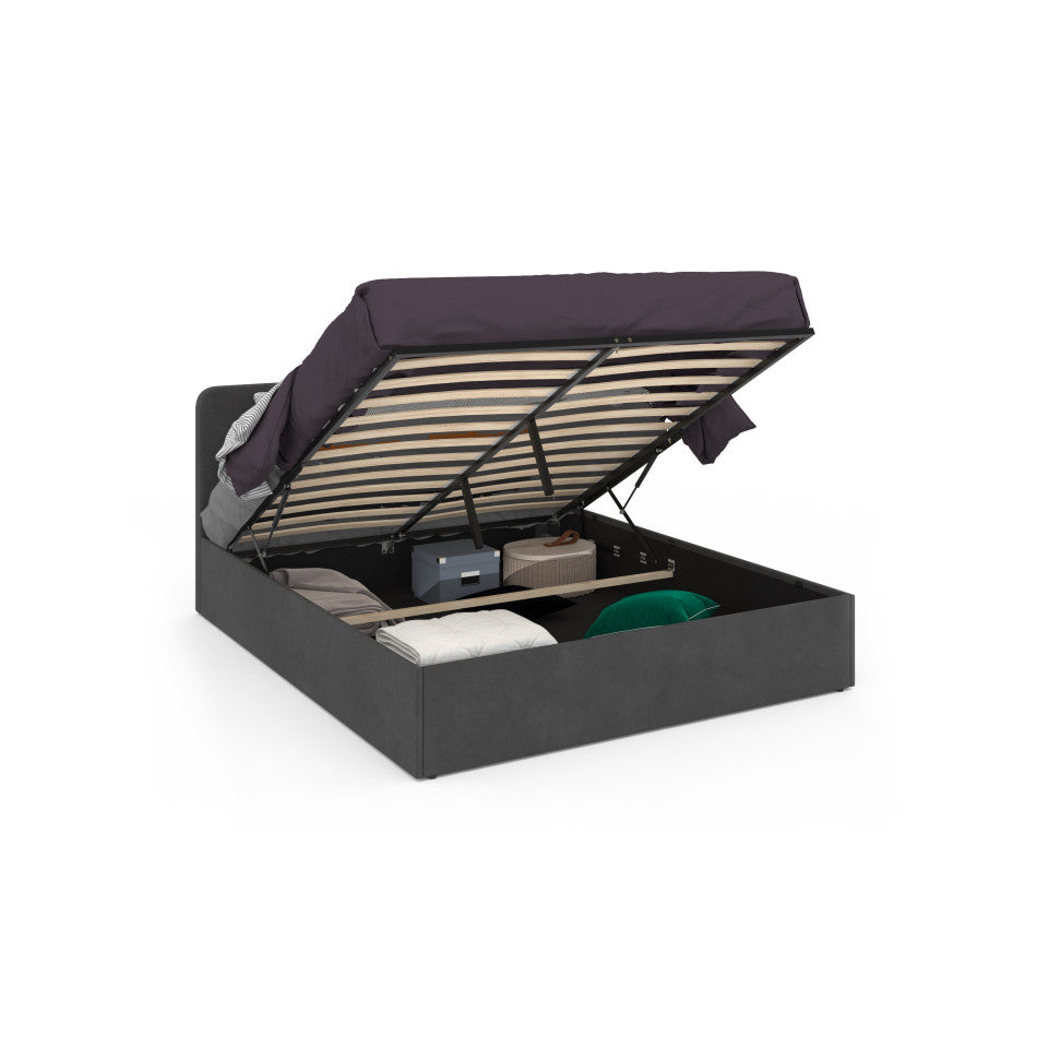 Lit coffre Louise en velours gris avec sommier et tête de lit arrondie 160x200cm