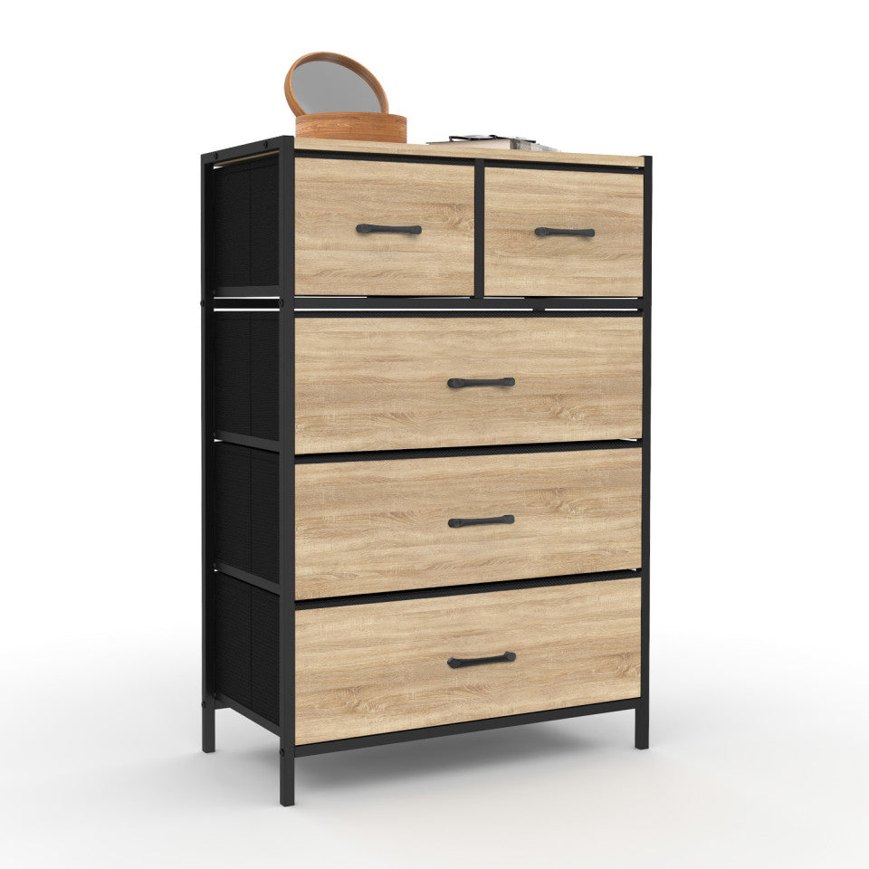 Commode Iris 5 tiroirs en bois et tissu