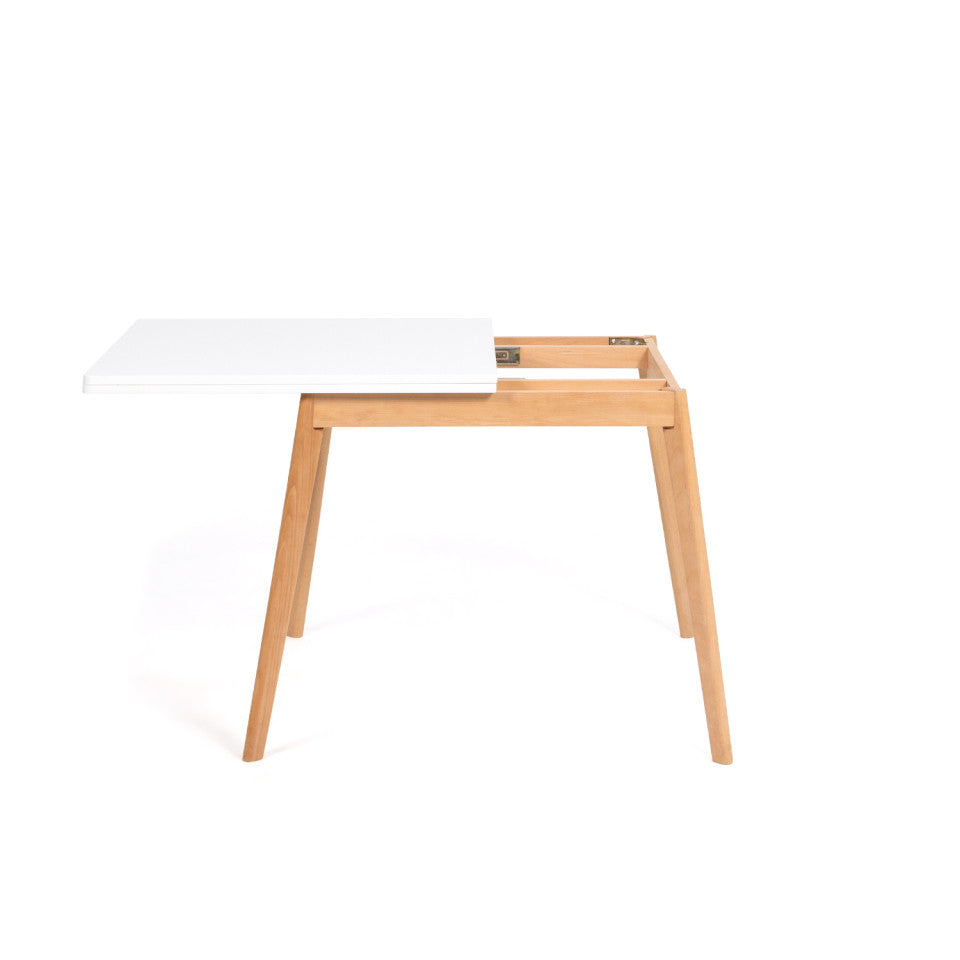 Table repas scandinave pliable 80-160cm plateau blanc et pieds bois