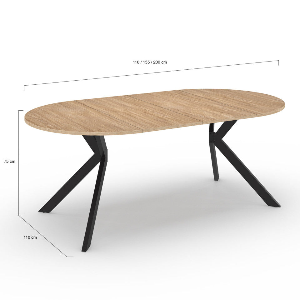 Table repas Spider plateau extensible 110-200cm rond bois et pieds croisés noirs