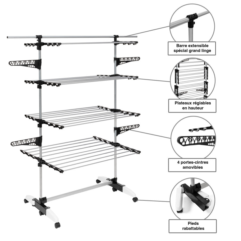 Séchoir Optima noir et blanc 4 niveaux - 40m d'étendage