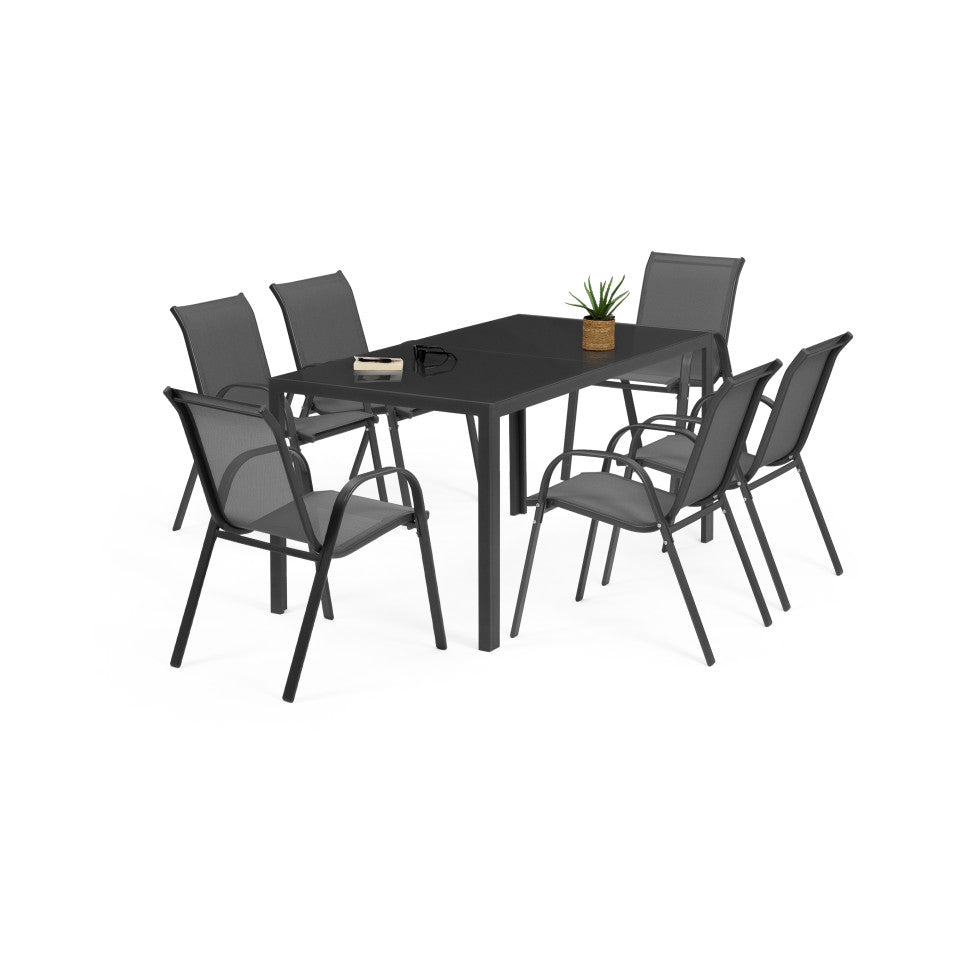 Ensemble de jardin Minorca 6 places en textiléne et verre trempé 6 places gris anthracite