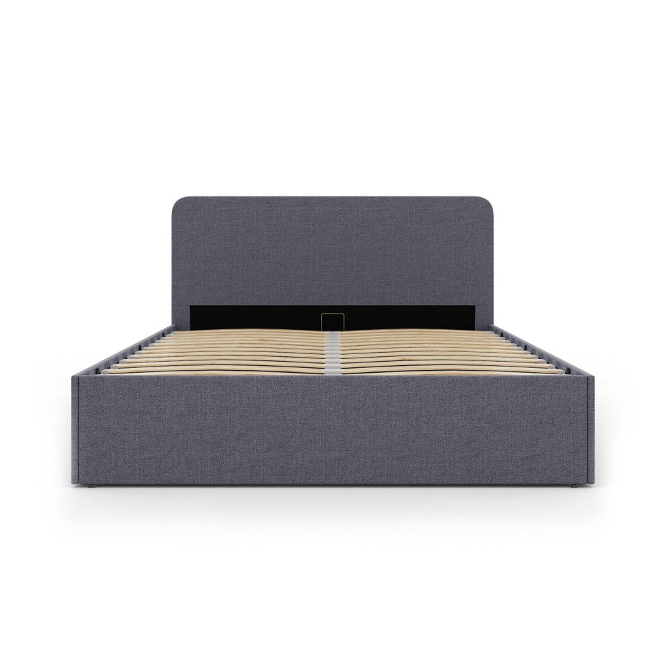 Lit coffre Louise en tissu gris avec sommier et tête de lit arrondie 140x190cm