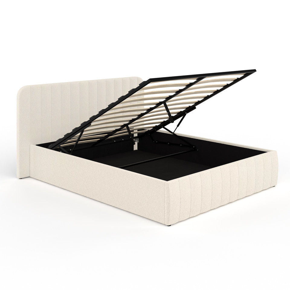Lit coffre Valentina en tissu bouclette avec sommier et tête de lit 160x200cm