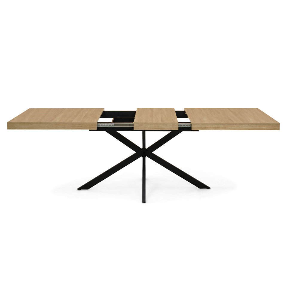 Table repas Spider plateau extensible 160-200cm bois avec rangement intégré et pieds croisés noirs