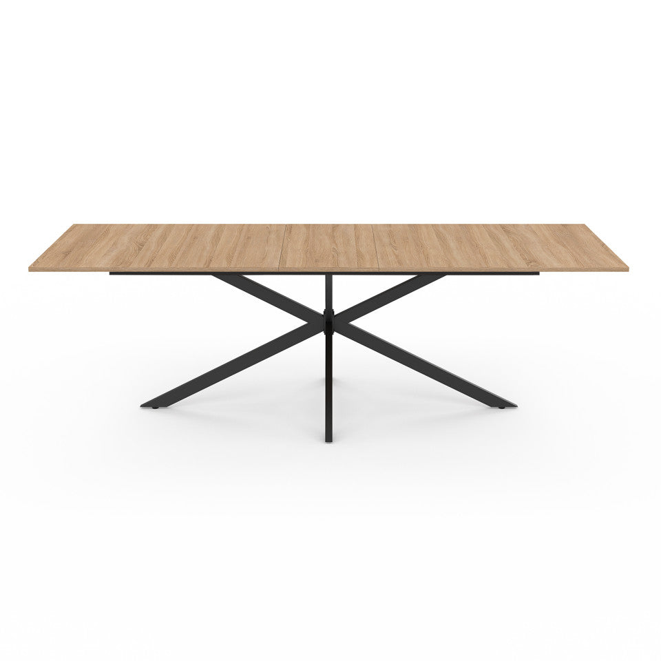 Table repas Spider plateau extensible 200-240cm bois avec rangement intégré et pieds croisés noirs