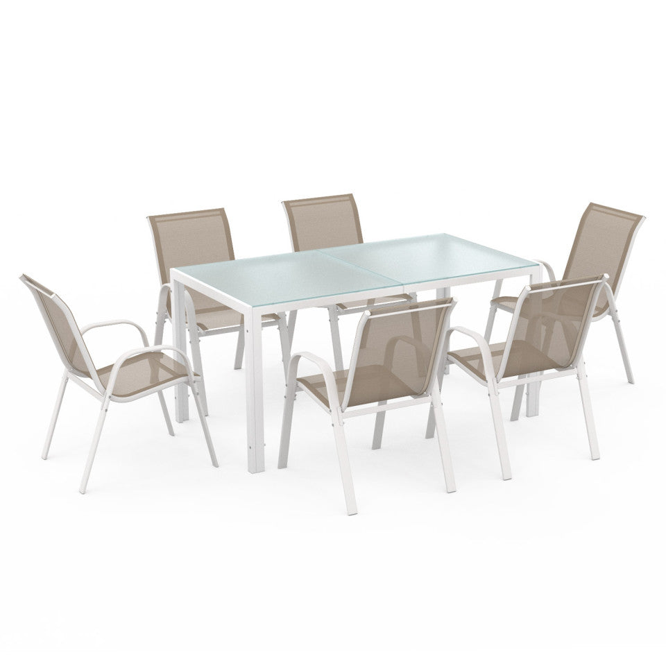 Ensemble de jardin Minorca 6 places en textiléne et verre trempé blanc et beige