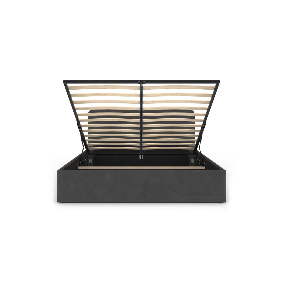 Lit coffre Louise en velours gris avec sommier et tête de lit arrondie 160x200cm