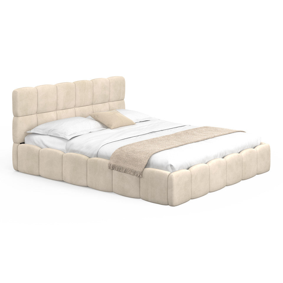 Lit coffre Bubble en velours beige avec sommier et tête de lit 160x200cm