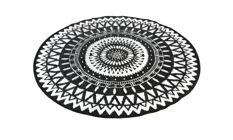 Tapis extérieur rond 150cm noir Maori motifs "ethniques"