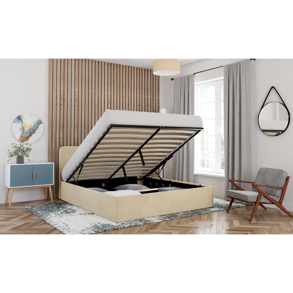 Lit coffre Louise en velours beige avec sommier et tête de lit arrondie 160x200cm
