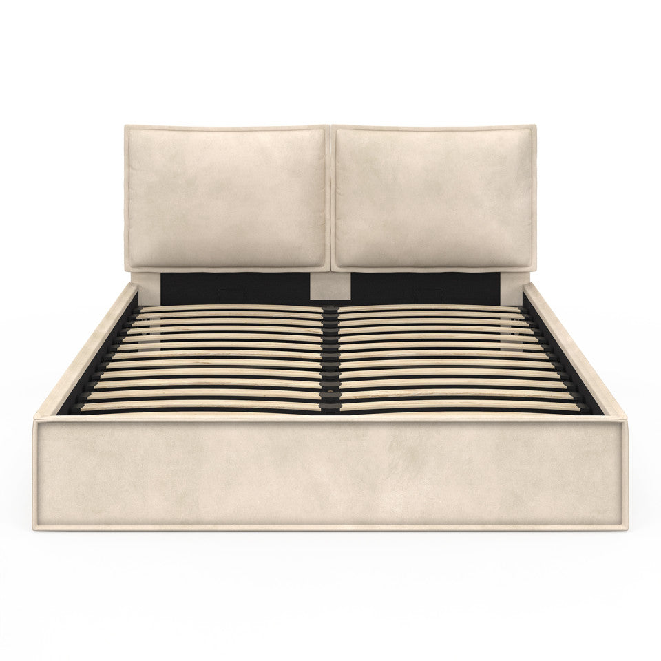 Lit coffre Lilou en velours beige avec sommier et tête de lit effet oreiller 160x200cm