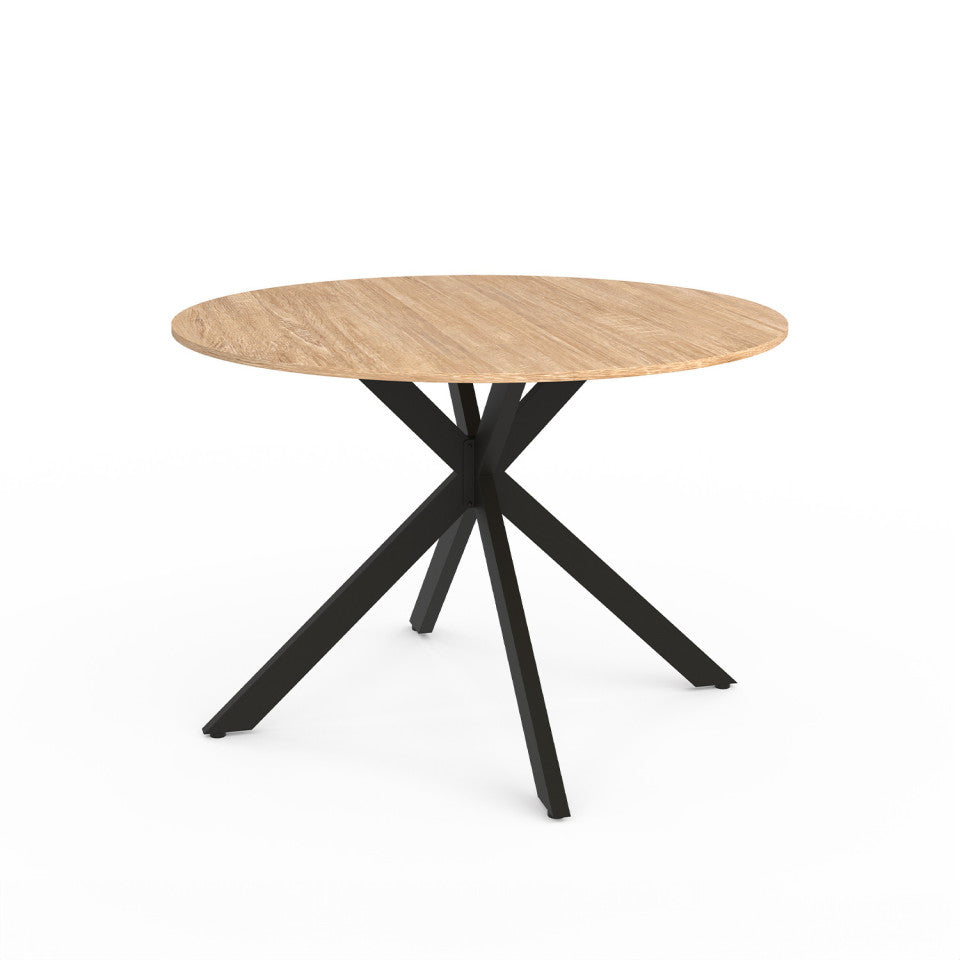 Table repas extensible Soline 110-150cm plateau rond bois pieds croisés noirs