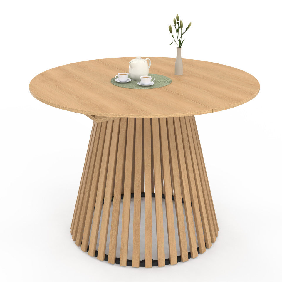 Table repas Camélia plateau rond extensible 110-150cm et pieds lattes