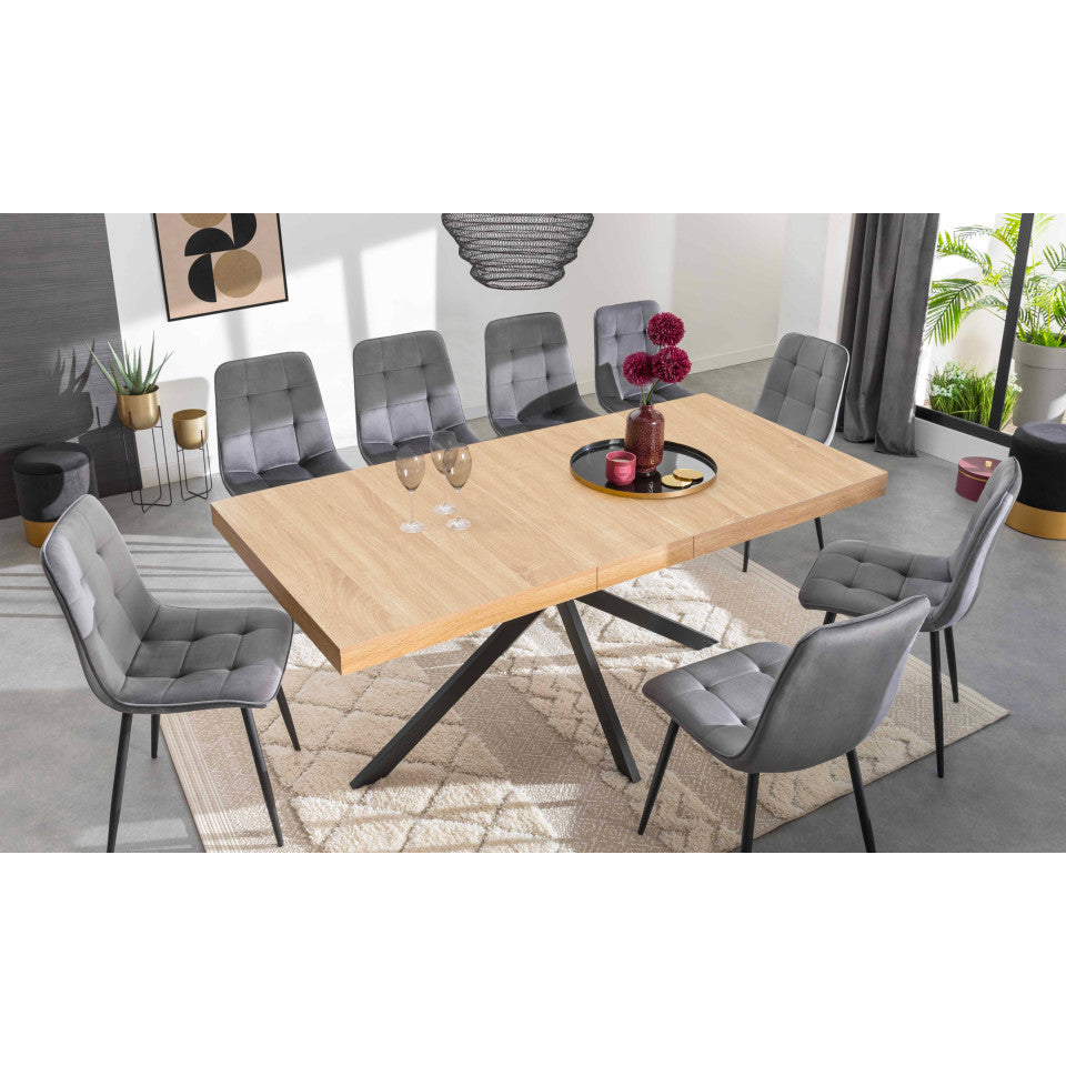 Table repas Spider plateau extensible 160-200cm bois avec rangement intégré et pieds croisés noirs