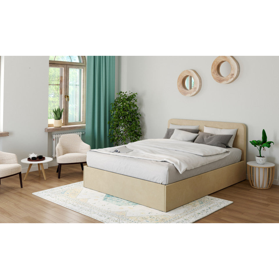 Lit coffre Louise en velours beige avec sommier et tête de lit arrondie 140x190cm
