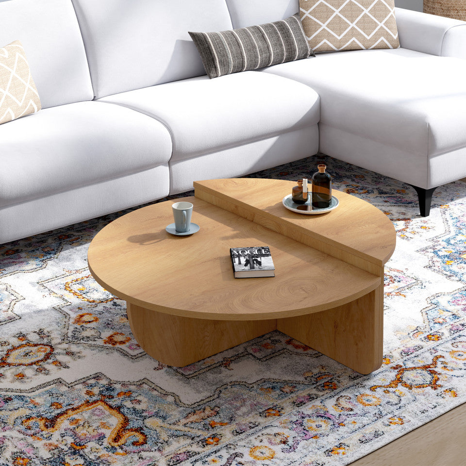 Tables basses rondes asymétriques effet bois