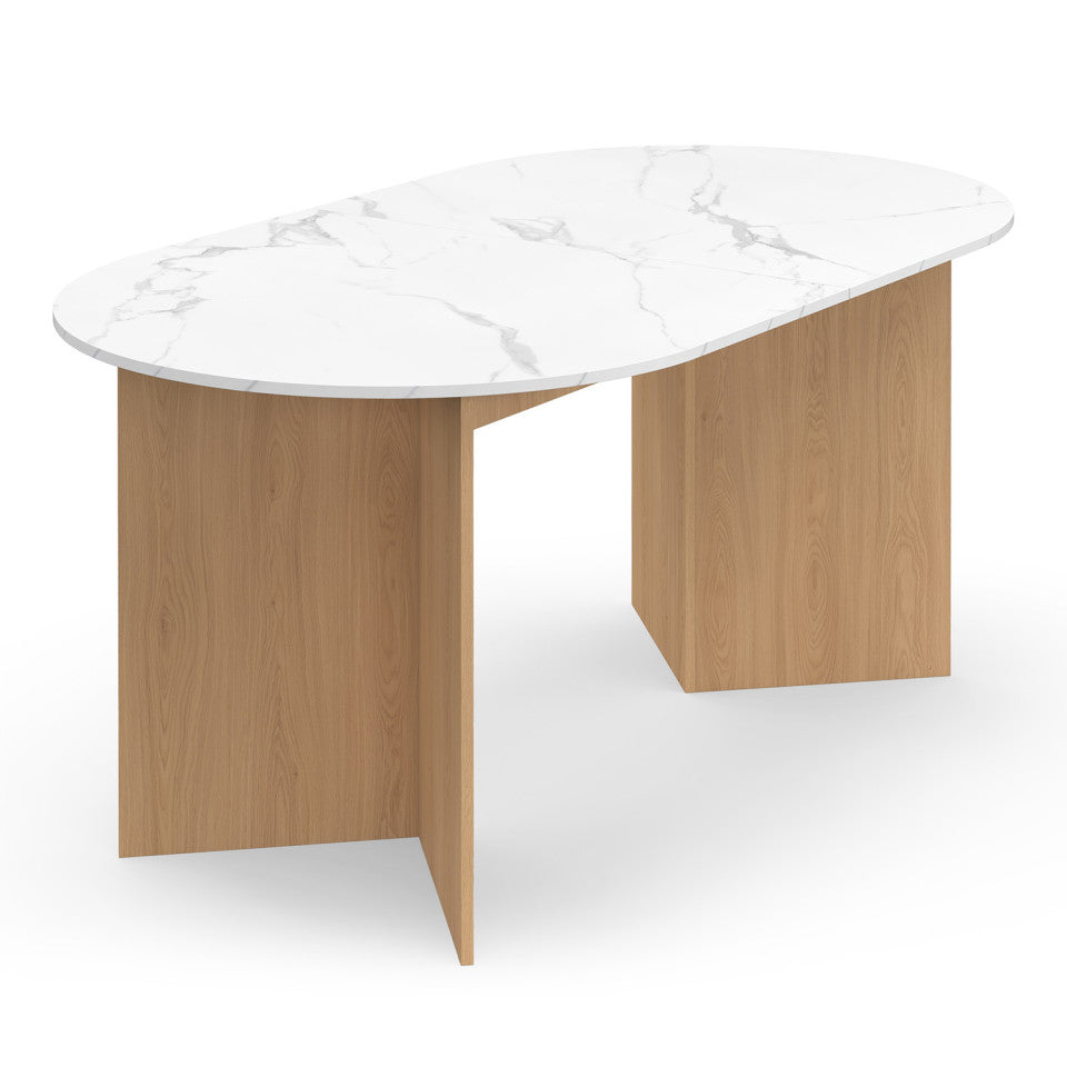 Table à manger extensible Gabin effet marbre blanc et pieds design 160-200cm