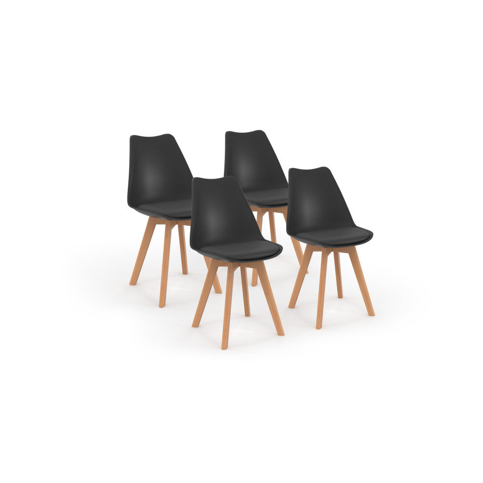 Chaises Nordia assise noire et pieds bois - lot de 4