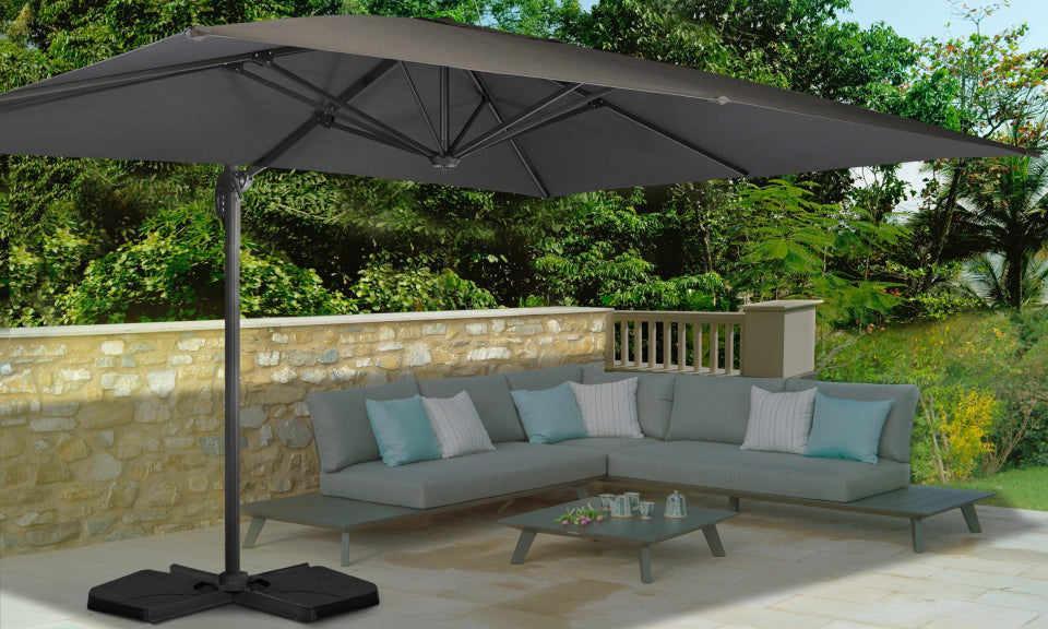 Parasol 360° rectangle gris 4x3m avec housse