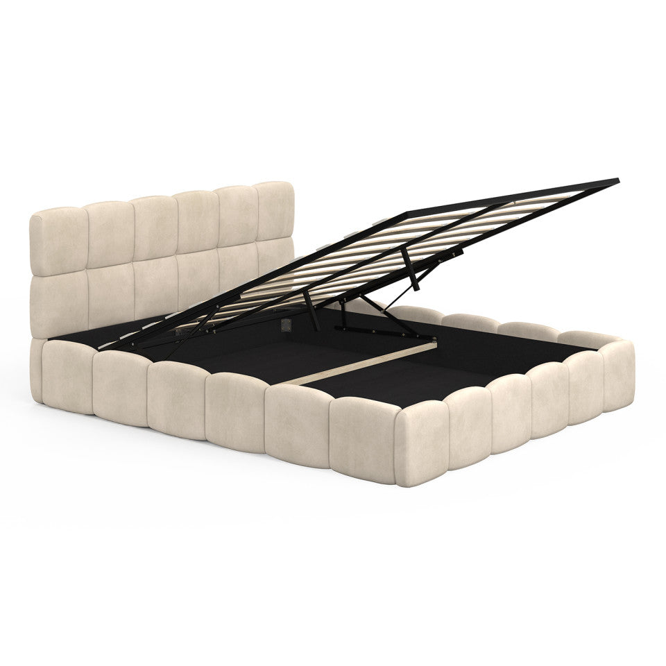 Lit coffre Bubble en velours beige avec sommier et tête de lit 160x200cm
