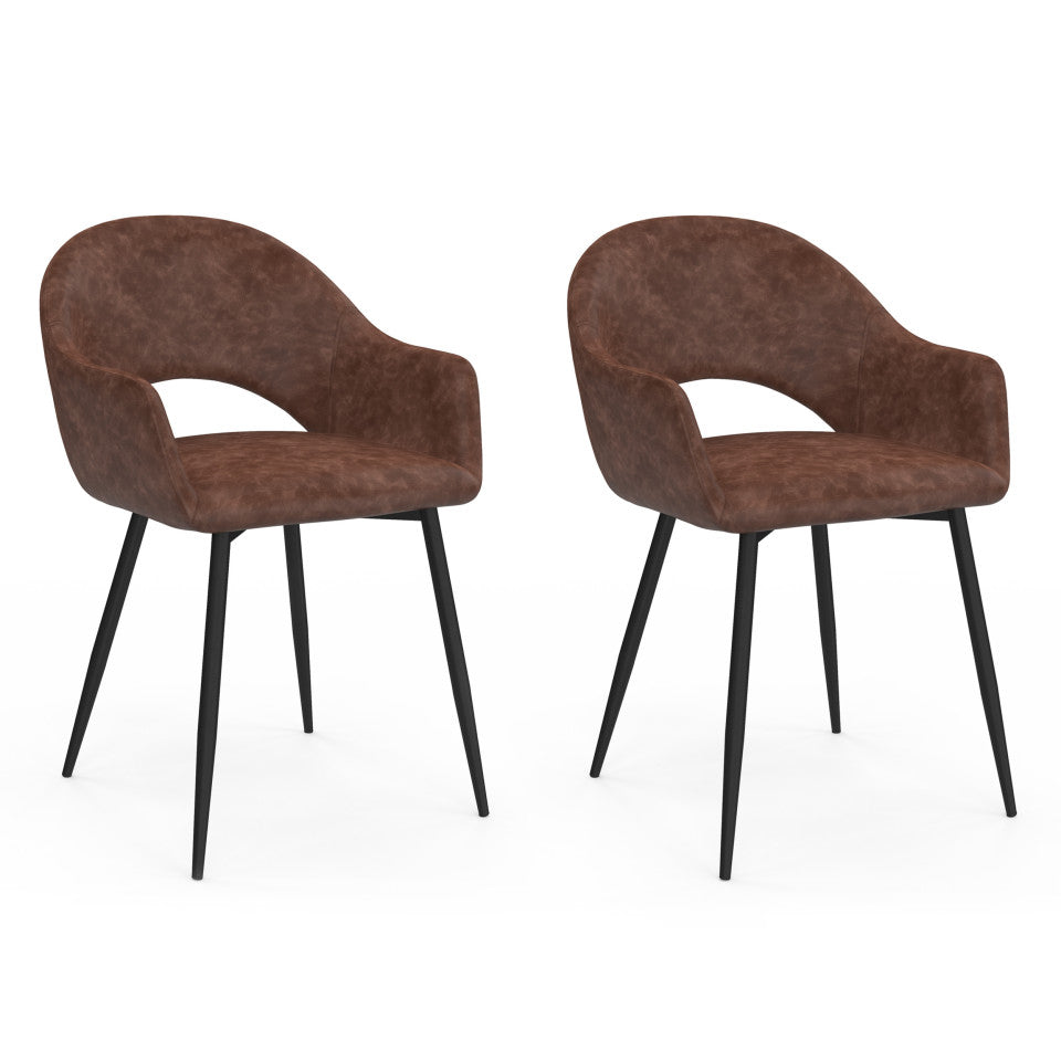 Chaises avec accoudoirs Rebecca en velours marron et pieds métal - lot de 2