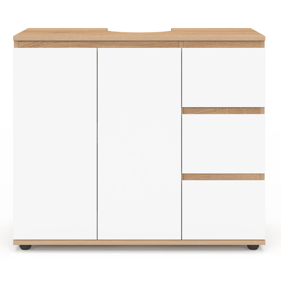 Meuble sous vasque Tom effet hêtre placards blancs