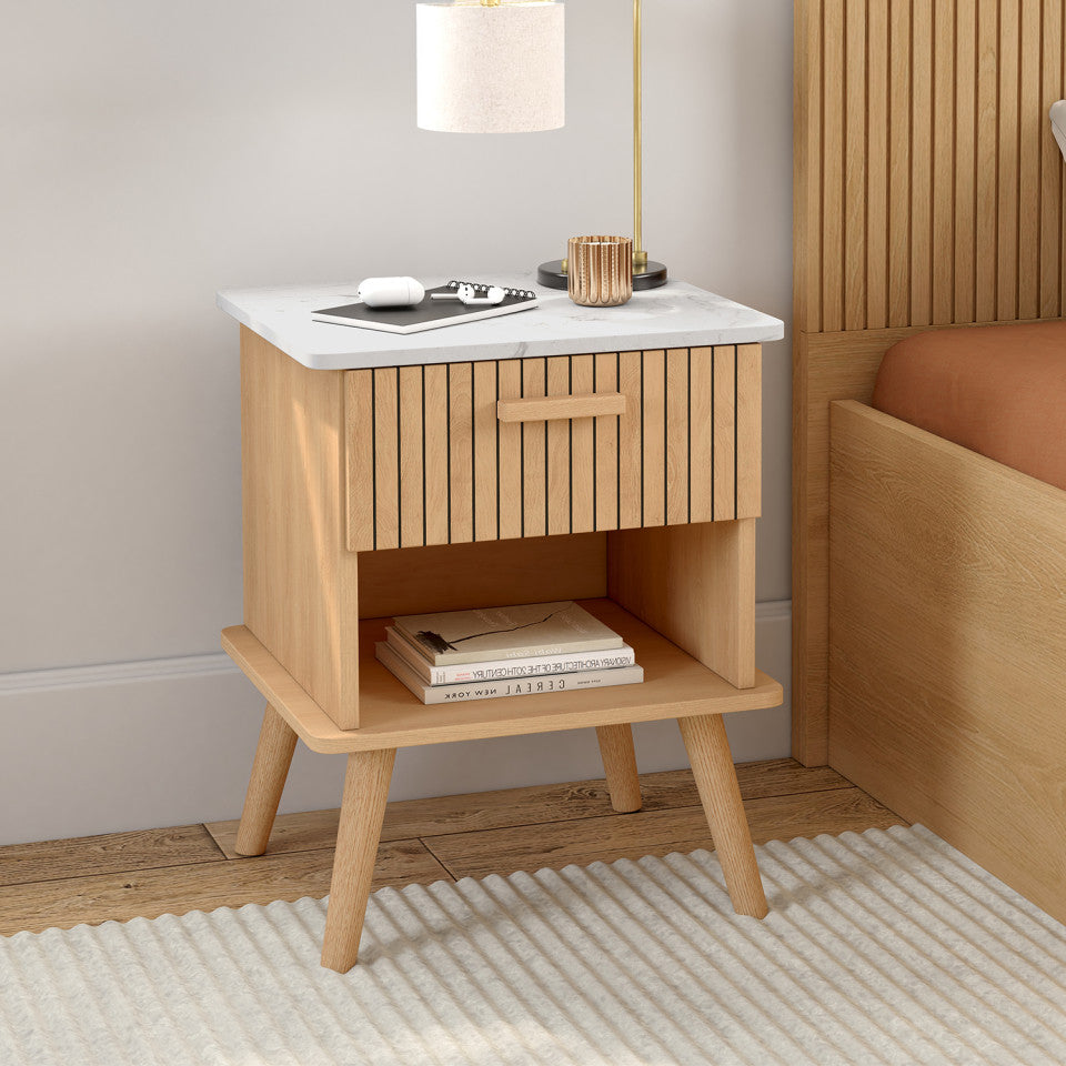 Tables de chevet Marceau effet lattes et dessus marbre 1 tiroir - lot de 2