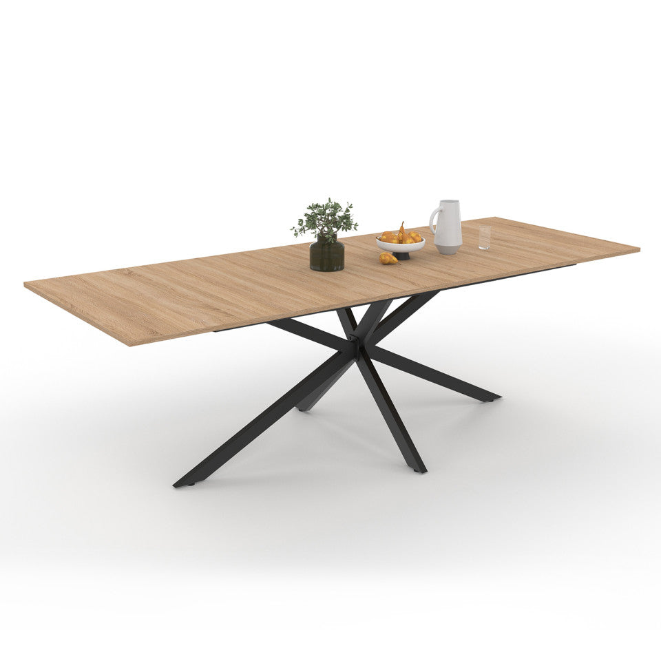 Table repas Spider plateau extensible 200-240cm bois avec rangement intégré et pieds croisés noirs