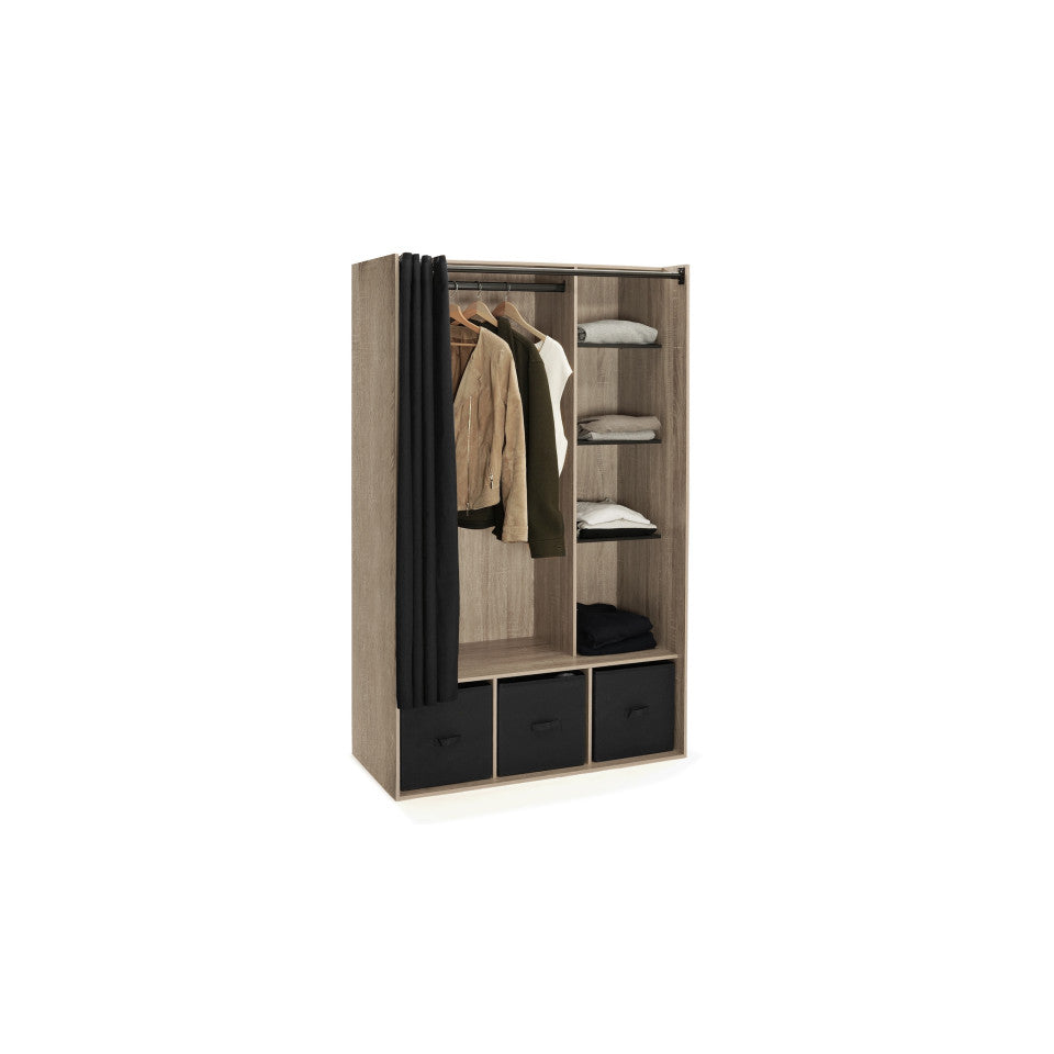 Dressing bois avec étagères et rideau noir 105x170cm