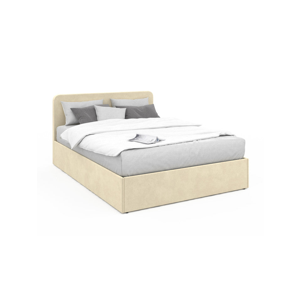 Lit coffre Louise en velours beige avec sommier et tête de lit arrondie 140x190cm
