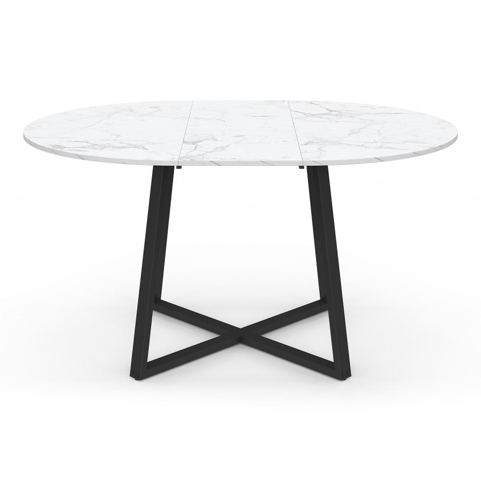 Table repas Sana plateau extensible 110-150cm rond effet marbre et pieds noirs