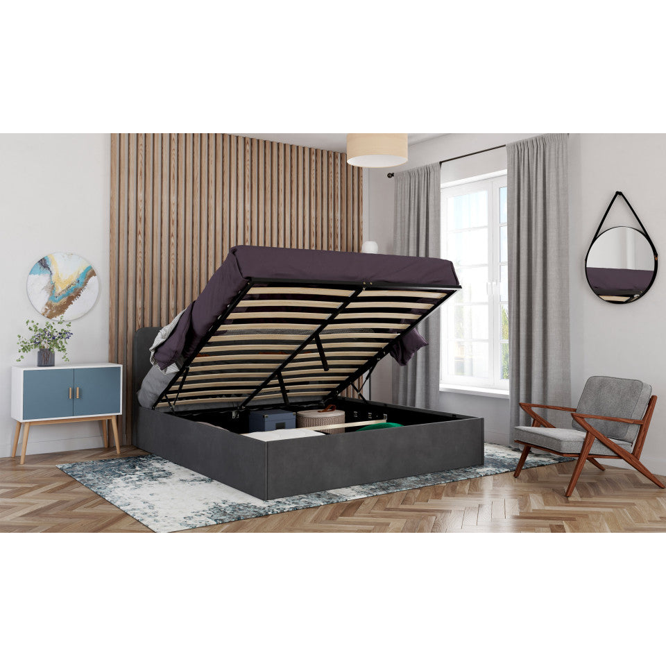 Lit coffre Louise en velours gris avec sommier et tête de lit arrondie 160x200cm