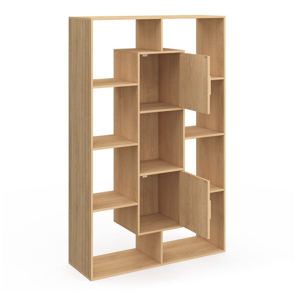Etagère bibliothèque Faustine effet lattes 11 compartiments 143cm