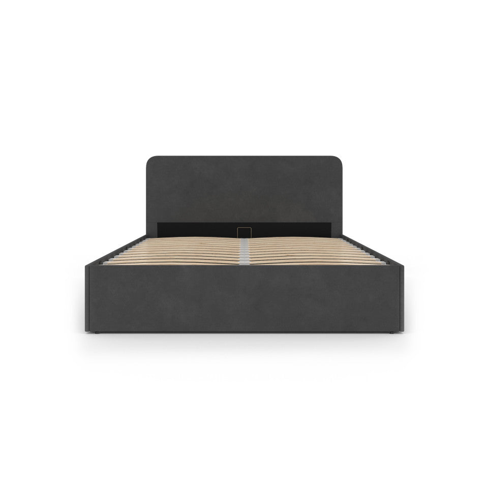 Lit coffre Louise en velours gris avec sommier et tête de lit arrondie 140x190cm