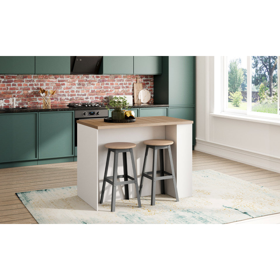Ilot central de cuisine Dario L120cm bois et blanc avec rangements